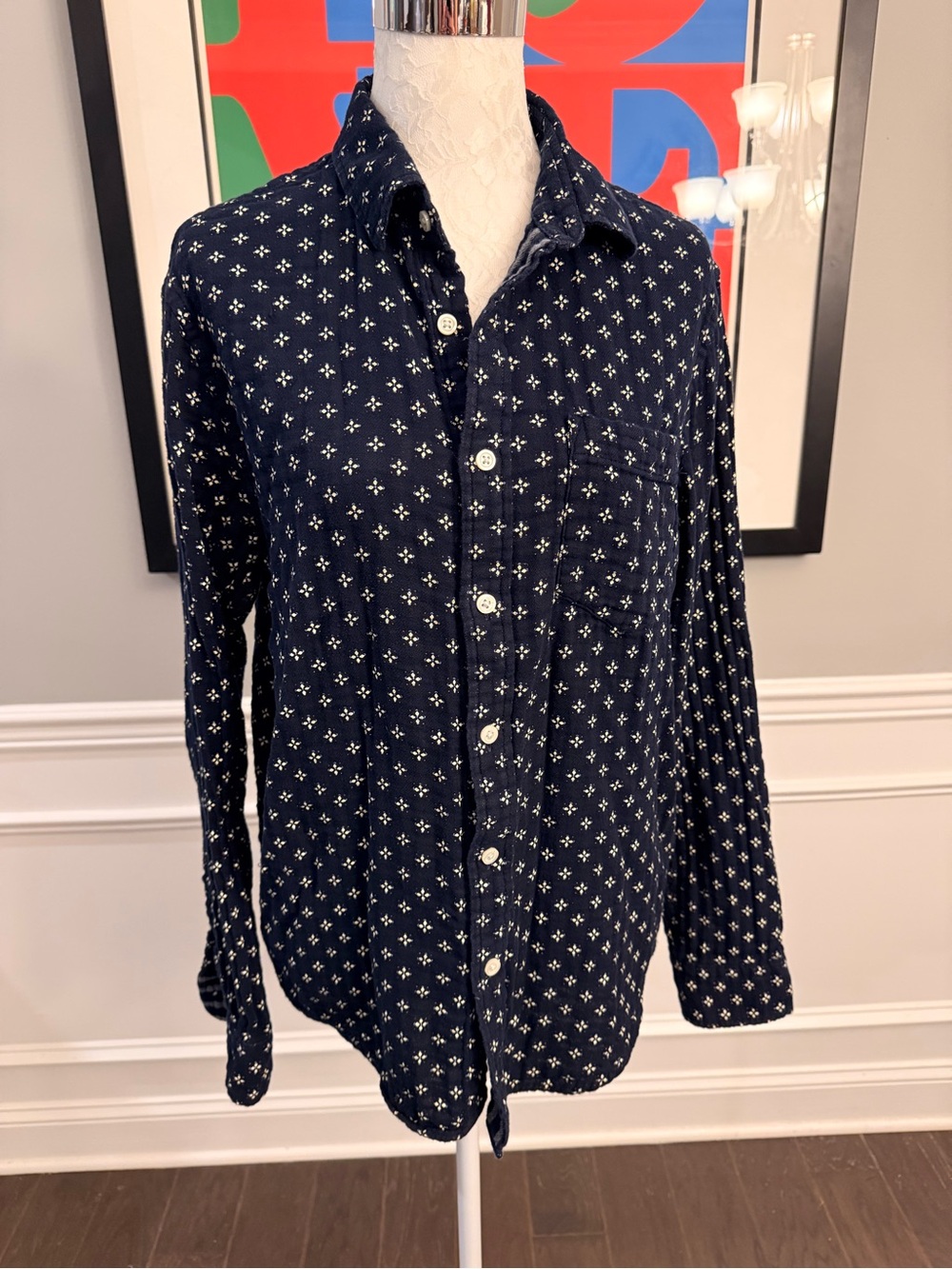 Banana Republic Navy Geometric Print Untucked Fit Button Down Shirt - Medium